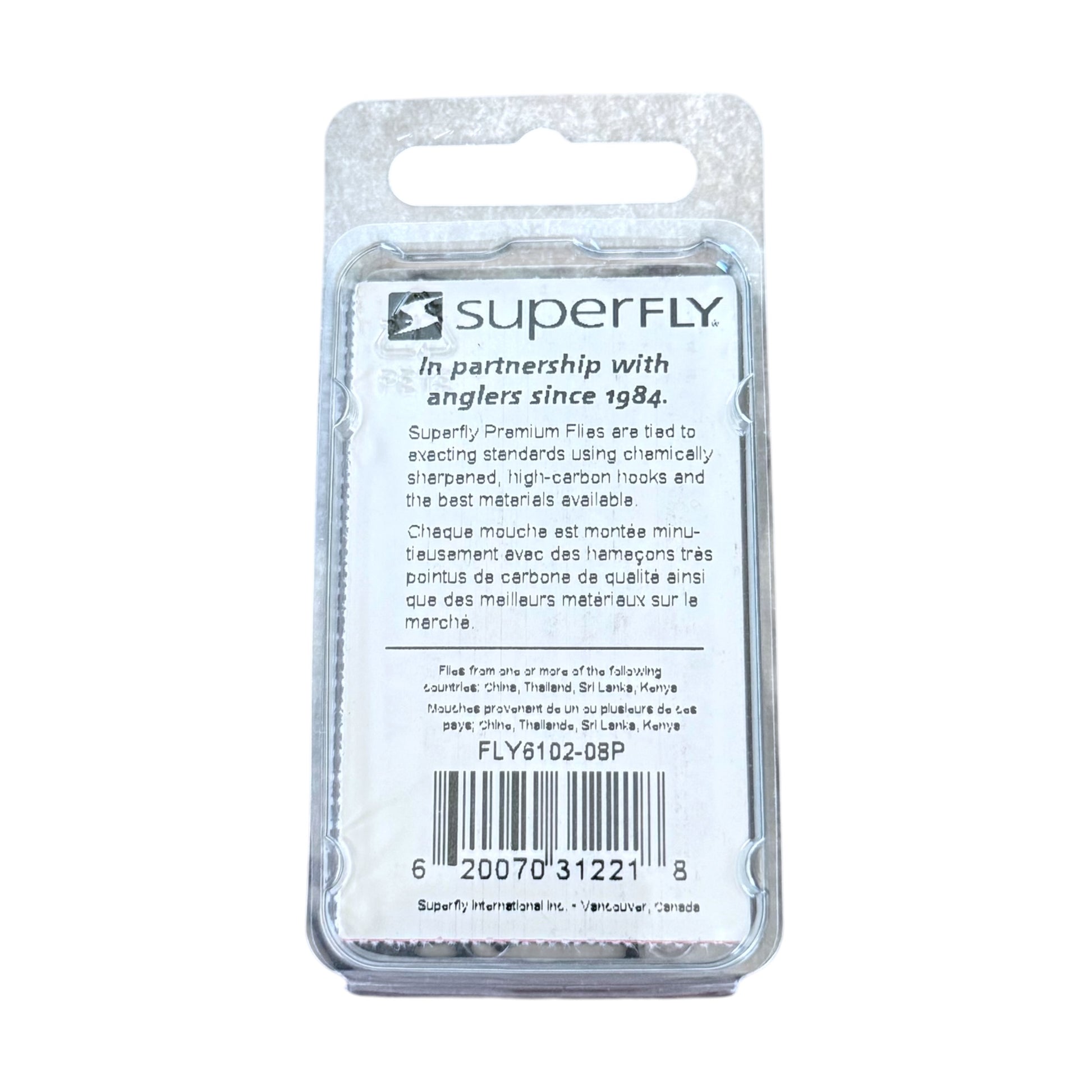 SuperFly fishing tackle packaging with branding and product details on a white background