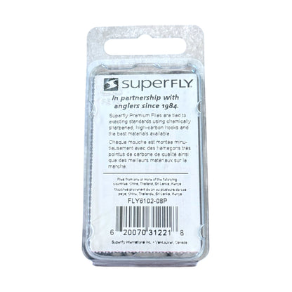 SuperFly fishing tackle packaging with branding and product details on a white background