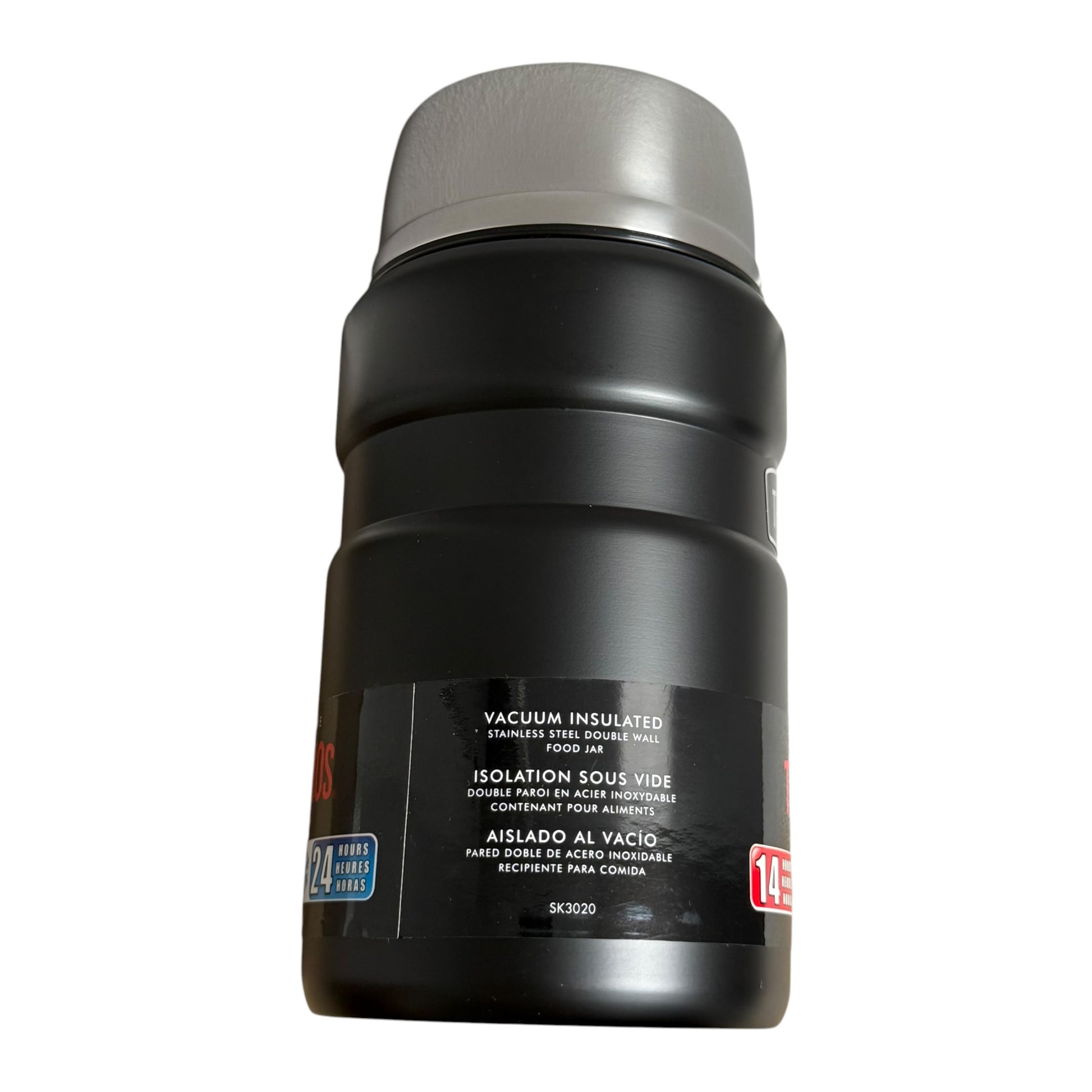 Black vacuum insulated thermos with silver lid on a white background