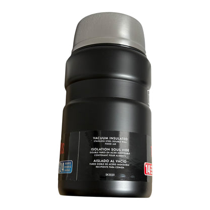 Black vacuum insulated thermos with silver lid on a white background