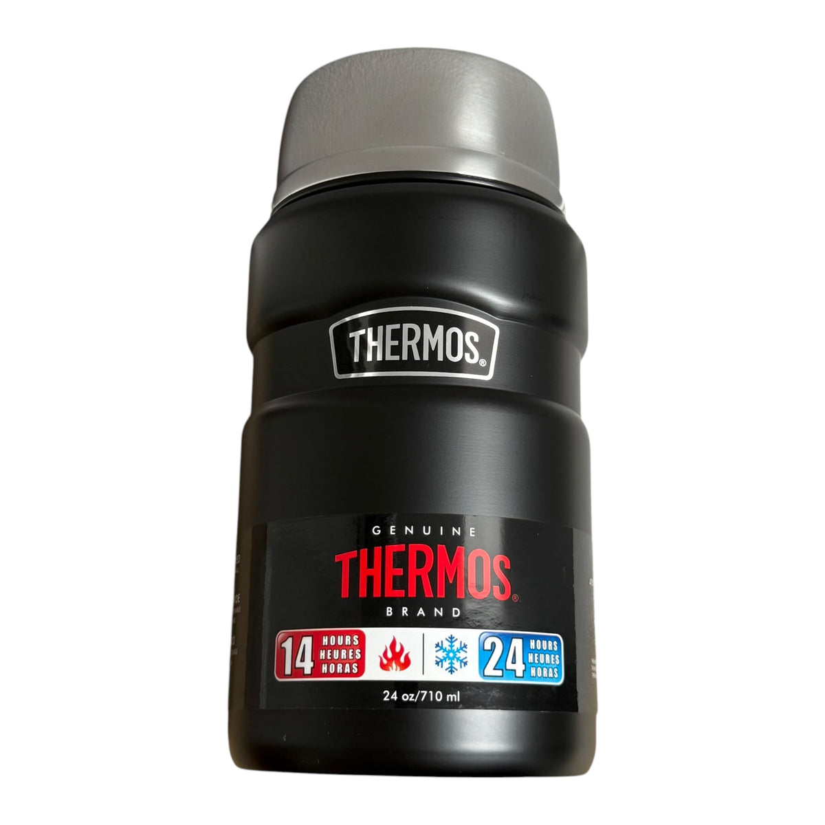 Black Thermos bottle with branding on a white background