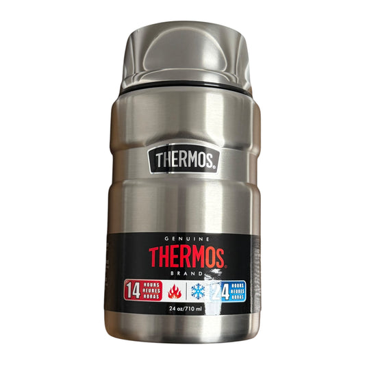 Silver Thermos food jar with label on a white background