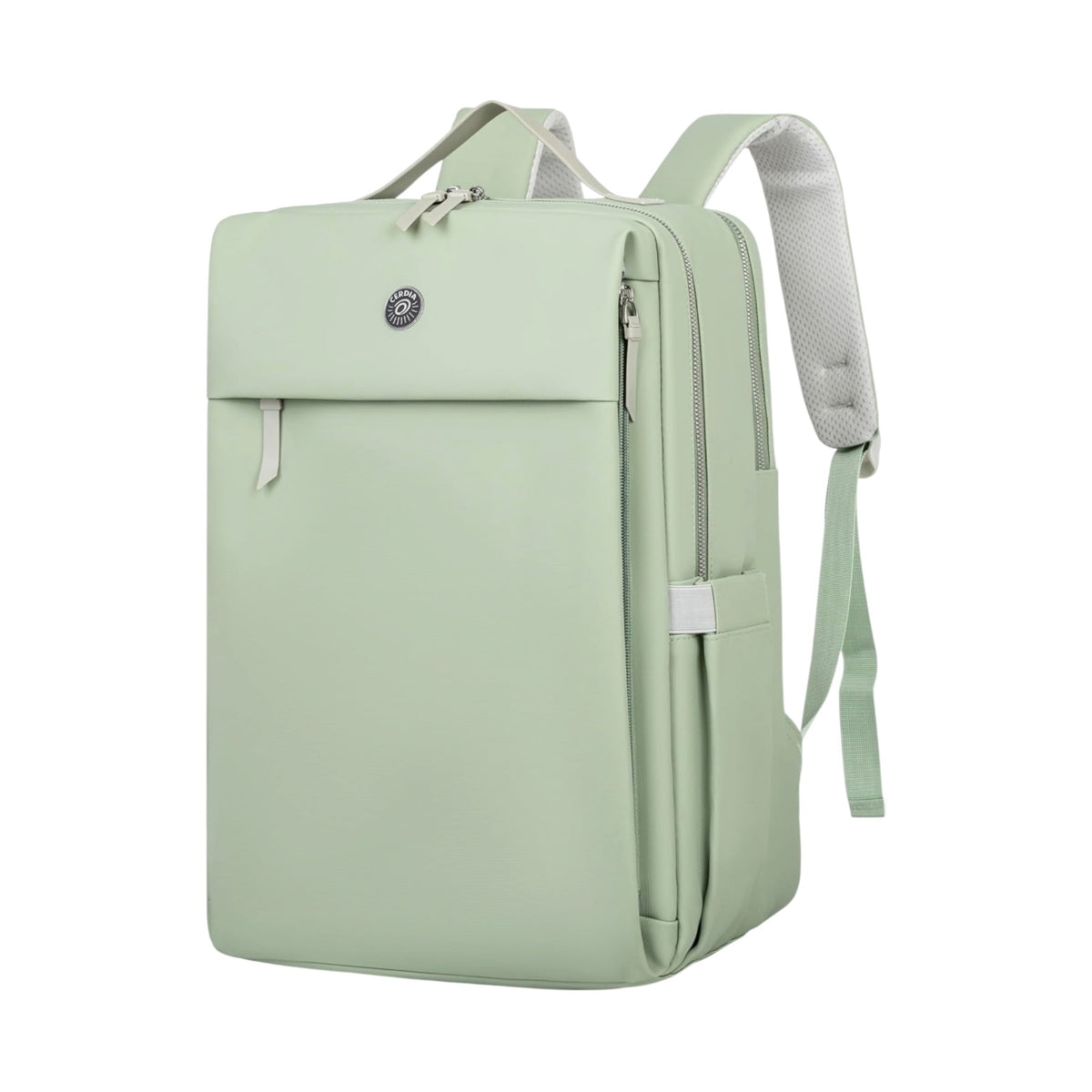 Photo shows a green Travel Laptop Backpack on a white background.
