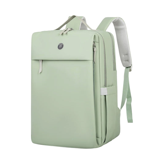 Photo shows a green Travel Laptop Backpack on a white background.
