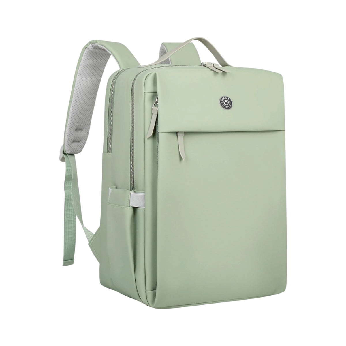 Photo shows a green Travel Laptop Backpack on a white background.
