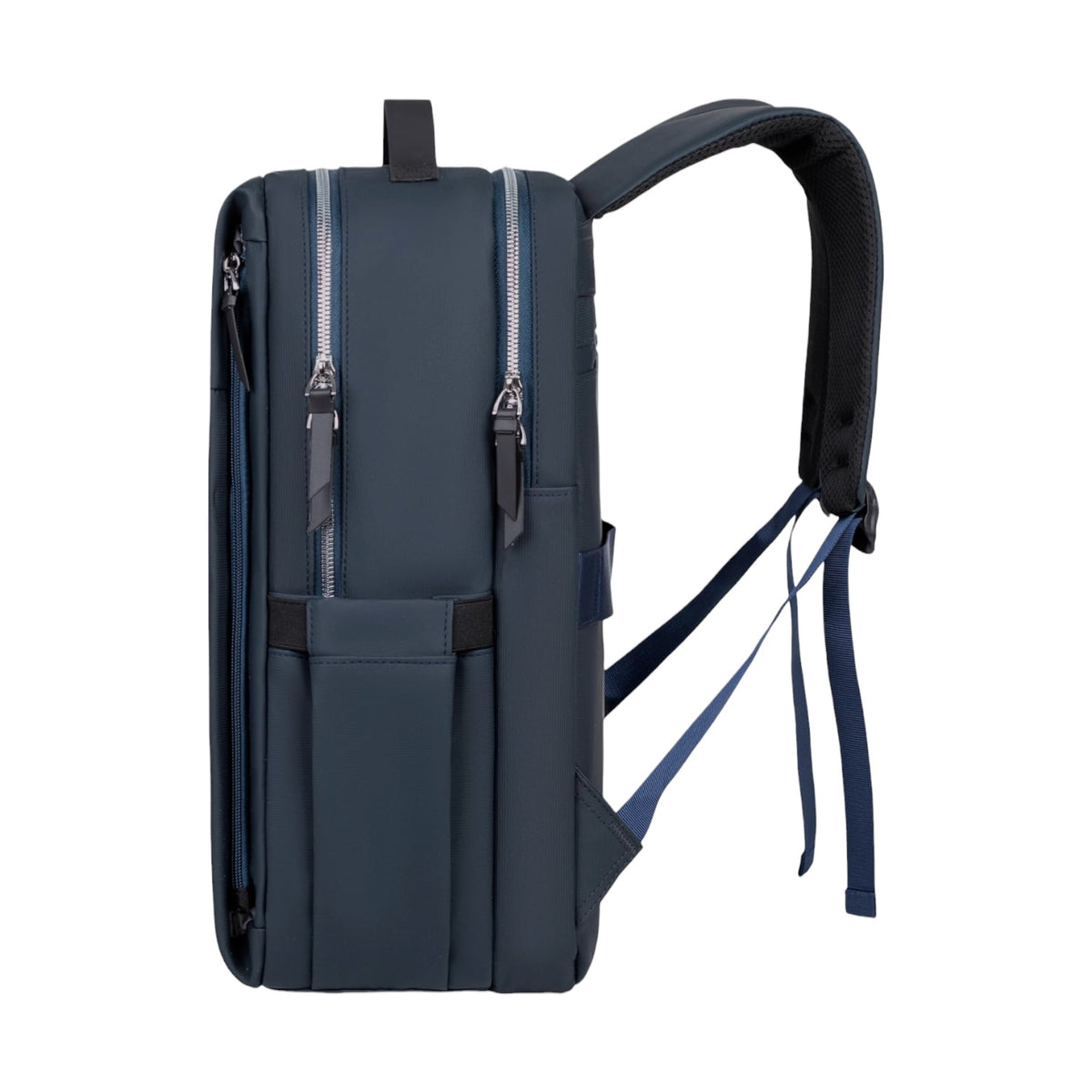Photo of a Travel Laptop Backpack in a Navy blue colour. Shown on a white background.