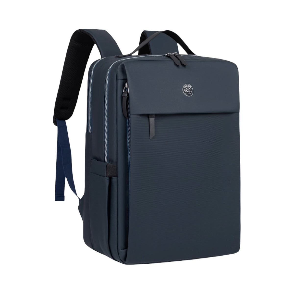 Photo of a Travel Laptop Backpack in a Navy blue colour. Shown on a white background.