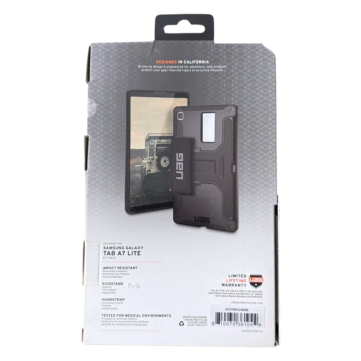 UAG protective case for Samsung Galaxy Tab A7 Lite in black, shown in its retail packaging box against a white background.