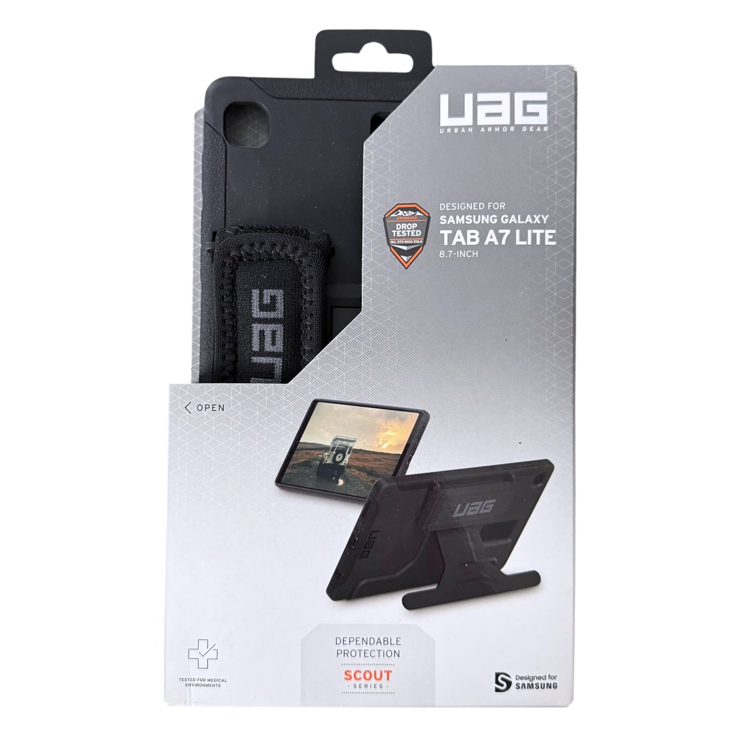 UGB Scout Series protective case for Samsung Galaxy Tab A7 Lite, shown in its retail packaging against a white background.