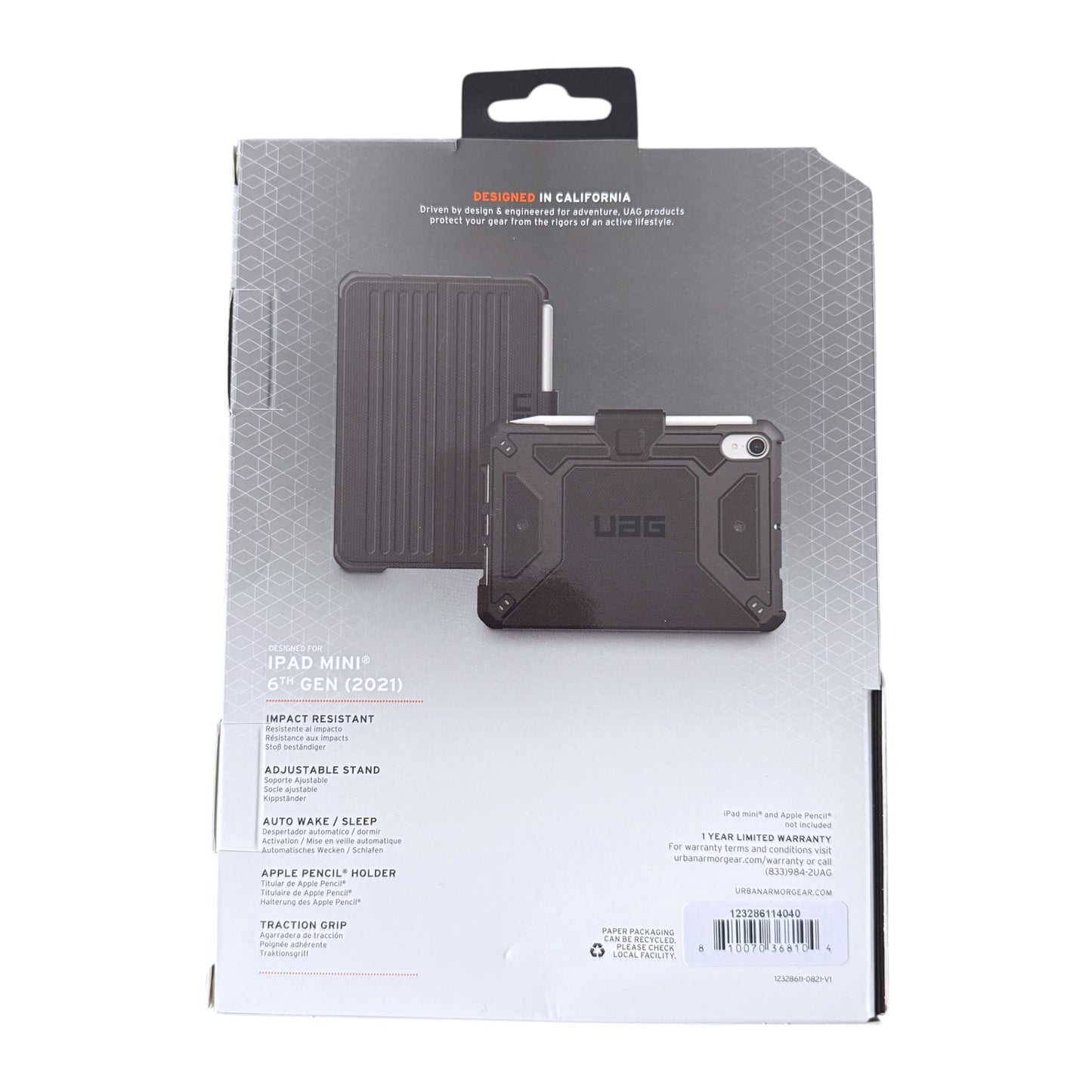 UAG iPad Mini 6 Gen protective case in dark gray, shown in its retail packaging box against a white background.
