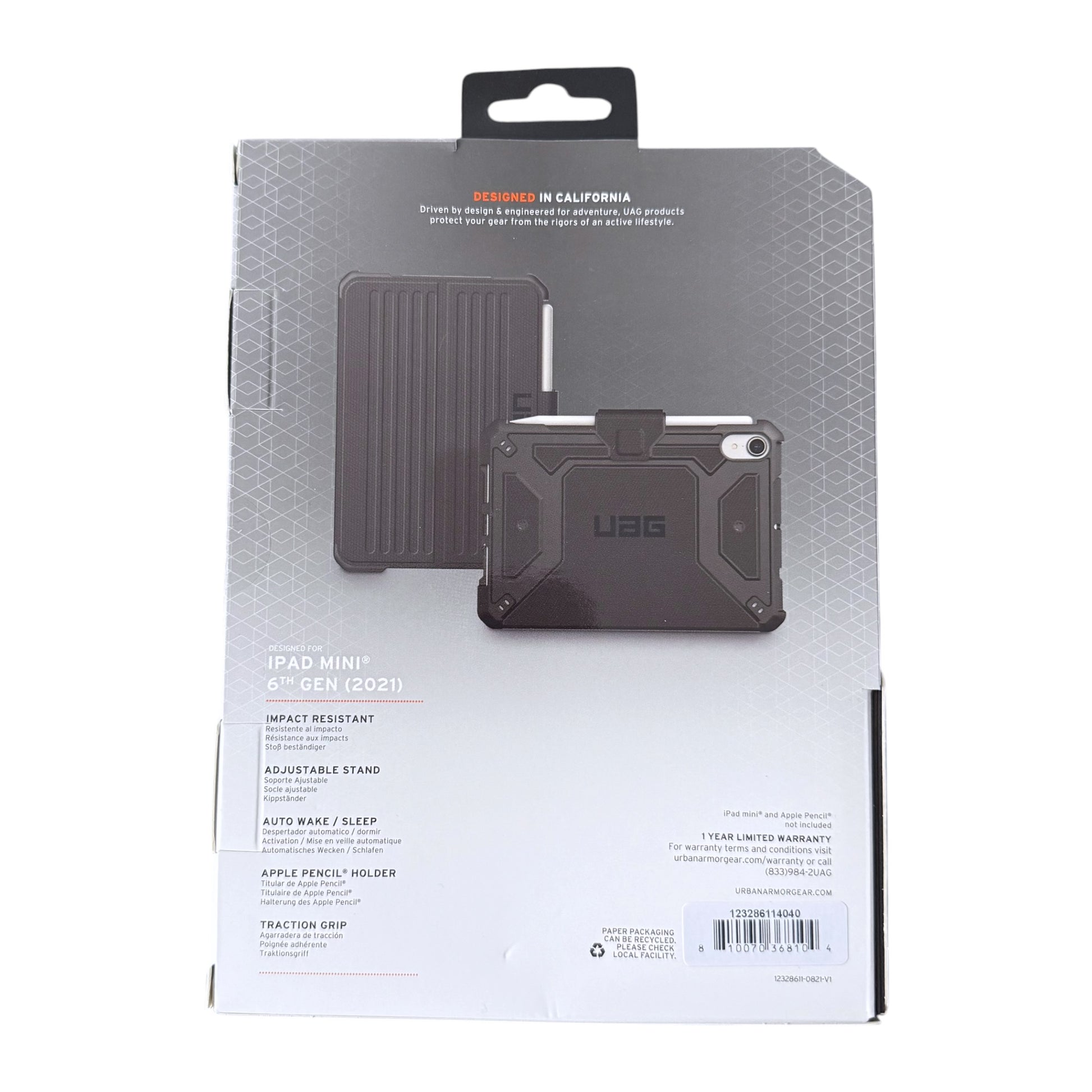 UAG iPad Mini 6 Gen protective case in dark gray, shown in its retail packaging box against a white background.