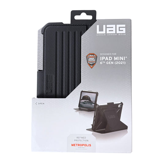 UAG Urban Armor Gear black protective case for iPad Mini 6th Gen (2021) in its original retail packaging, featuring a textured black cover and a white box with product details and a Metropolis Protection badge.