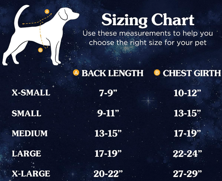 size chart for Universal Studios E.T. Pet Halloween Costume