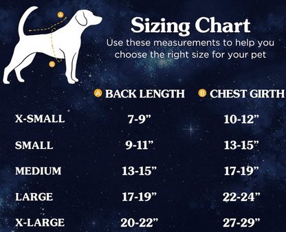 size chart for Universal Studios E.T. Pet Halloween Costume