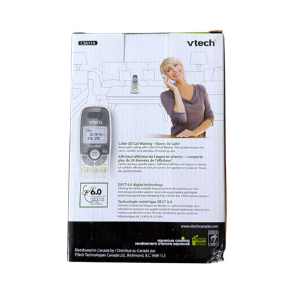 Vtech retail packaging box, showing the device, a user illustration, and product details on a white background.