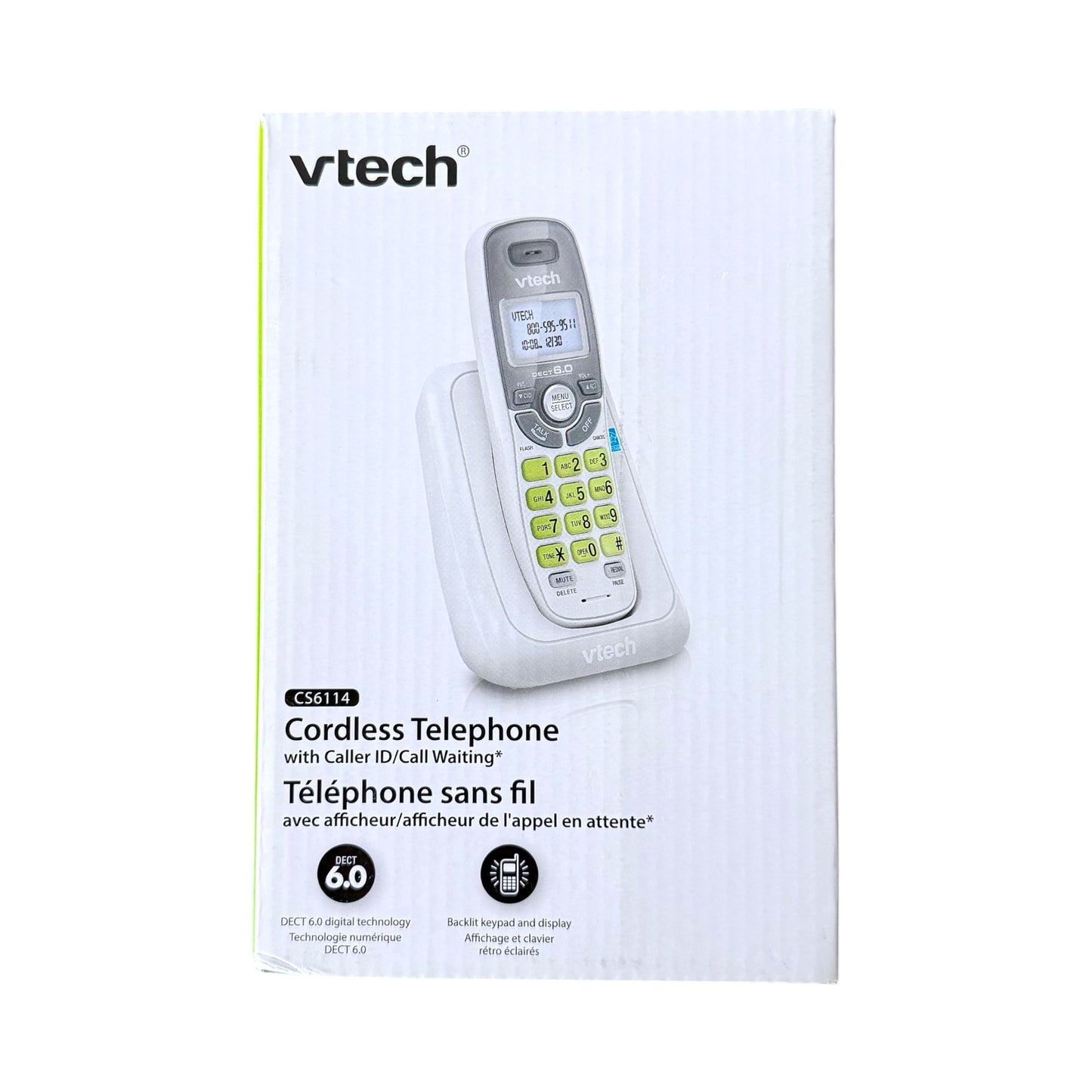 Vtech cordless telephone in its retail packaging, featuring a white box with a graphic of the handset and product details.