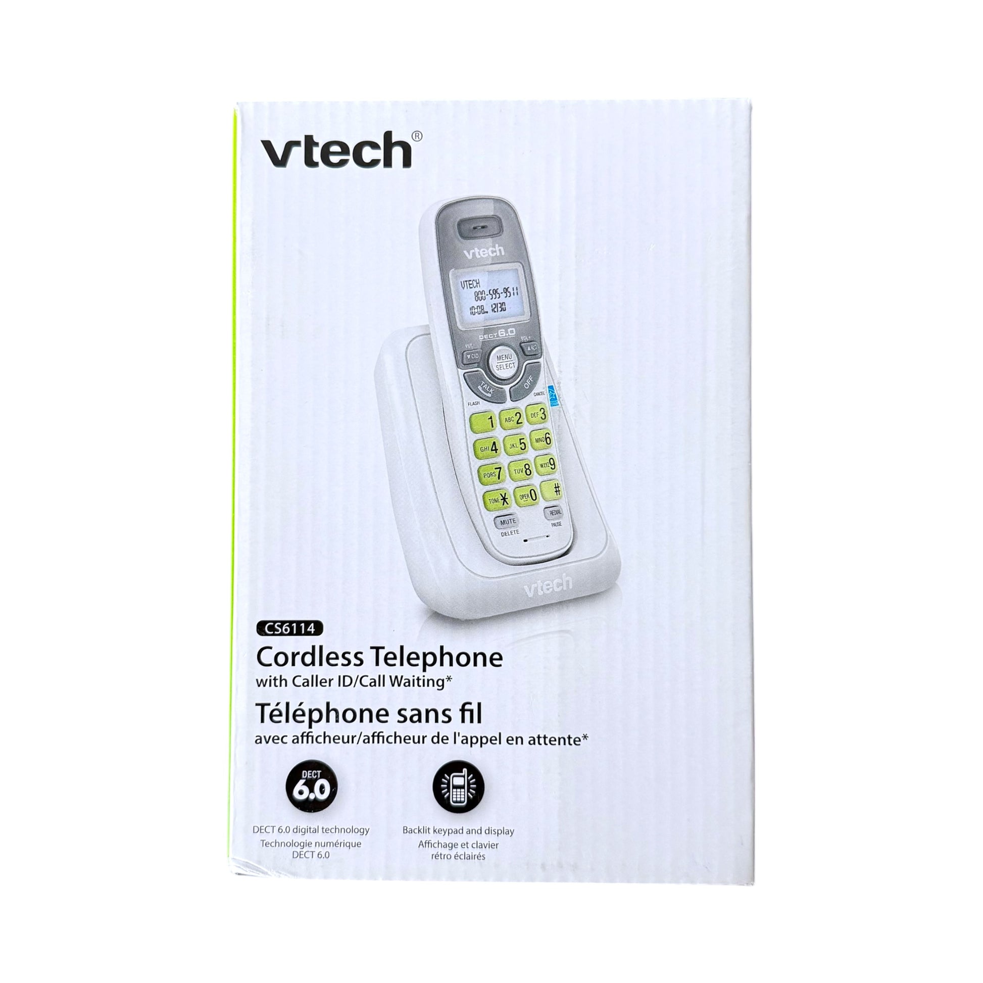 Vtech cordless telephone in its retail packaging, featuring a white box with a graphic of the handset and product details.