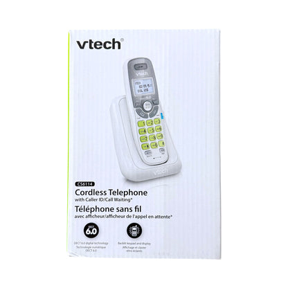 Vtech cordless telephone in its retail packaging, featuring a white box with a graphic of the handset and product details.