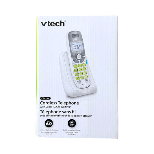 Vtech cordless telephone in its retail packaging, featuring a white box with a graphic of the handset and product details.