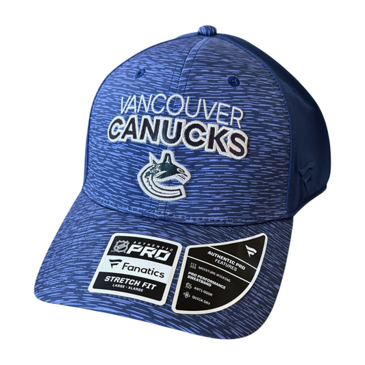 A blue heathered Vancouver Canucks baseball cap with embroidered team text and logo, shown on a plain white background. The brim has retail stickers attached.