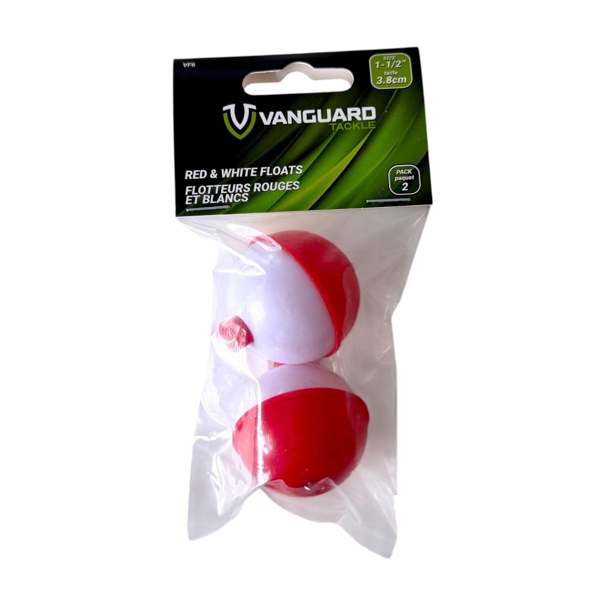 Vanguard fishing floats in clear plastic packaging with a black and green header card. The product consists of two spherical floats.