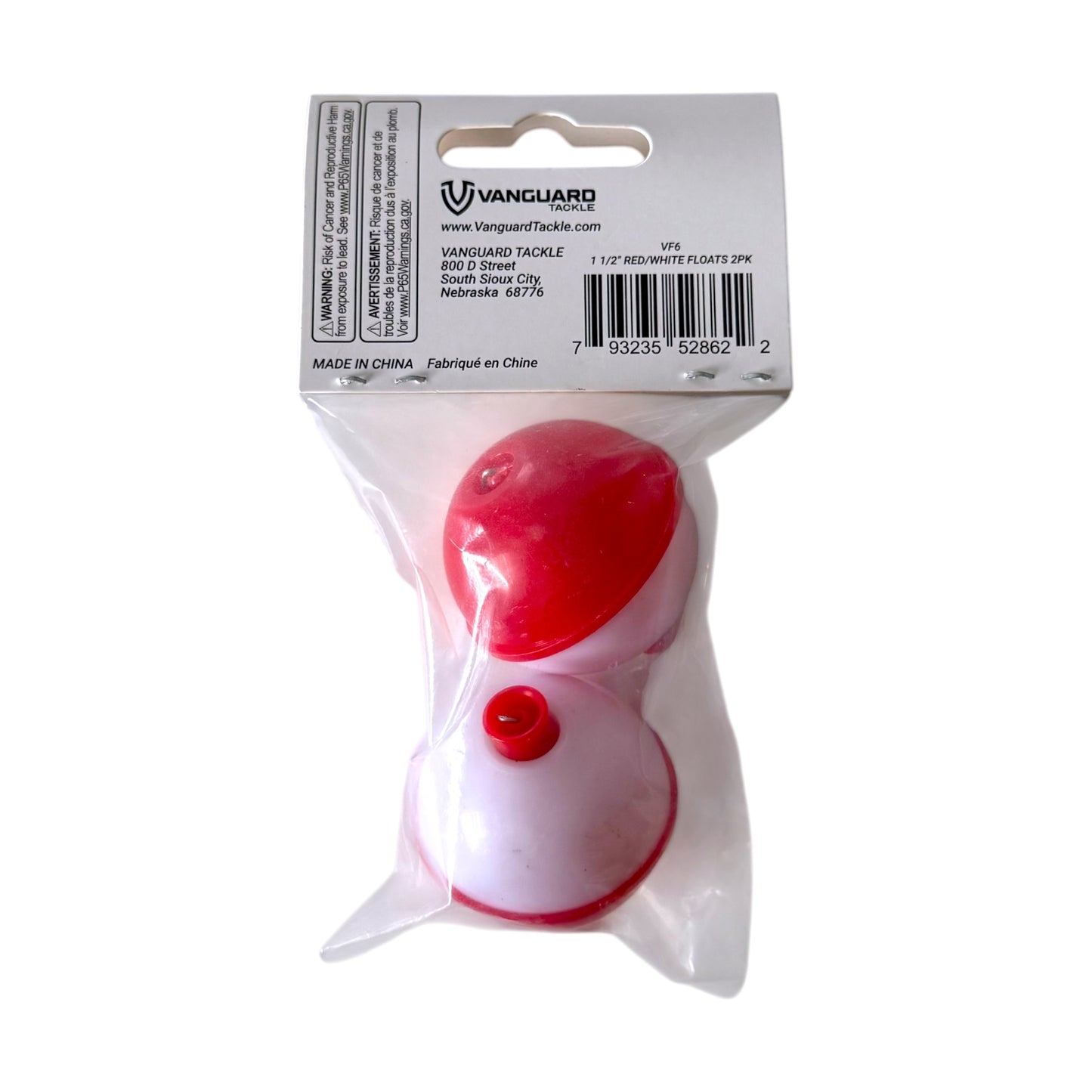 Vanguard red and white fishing floats in clear plastic packaging with a white cardboard header card.