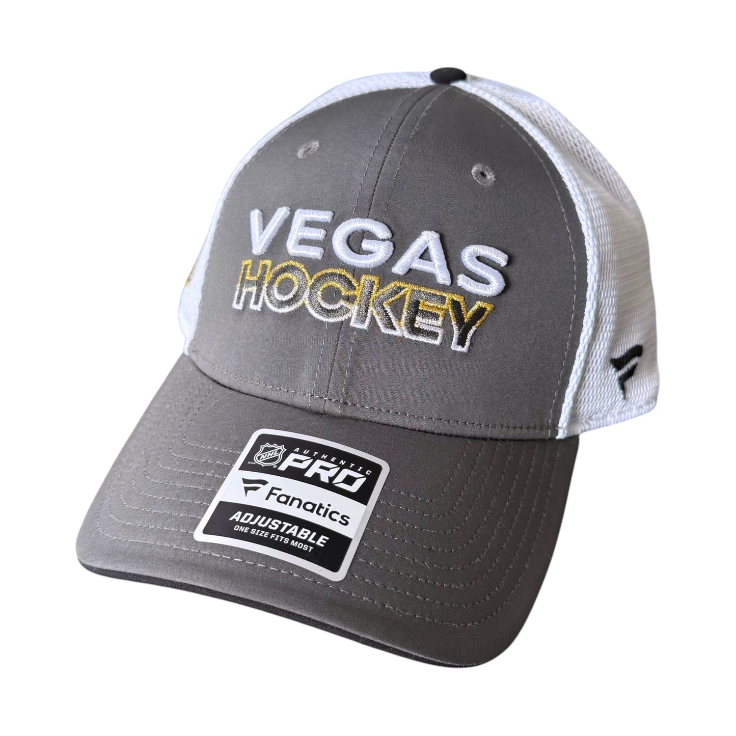 A Vegas Golden Knights gray and white trucker-style baseball cap with 'VEGAS HOCKEY' embroidered on the front. The front panel is gray, while the back is white mesh. A Fanatics Authentic Pro sticker is shown on the bill