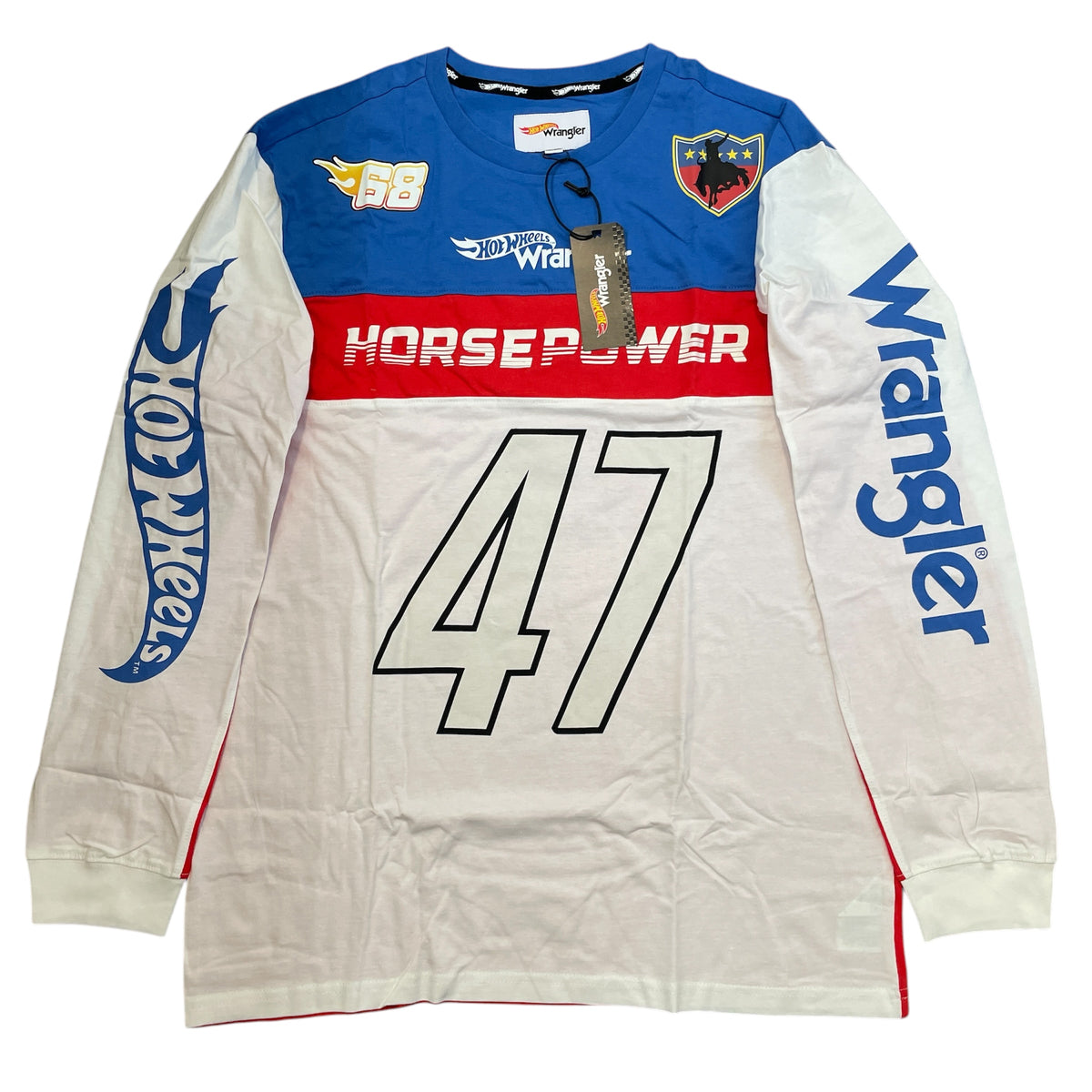 A long-sleeve men's shirt with color blocks in blue, white, and red, featuring the Wrangler and Hot Wheels brands along with the text 'HORSEPOWER' and the number '47'.