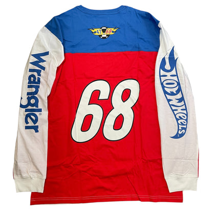 A long-sleeve men's shirt with color blocks in blue, white, and red, featuring the Wrangler and Hot Wheels brands.