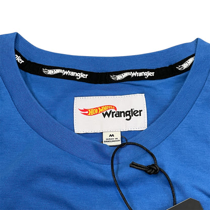 A long-sleeve men's shirt with color blocks in blue, white, and red, featuring the Wrangler and Hot Wheels brands.