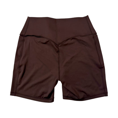 Back view of adidas women's brown 6-inch fitted shorts KB0462 showing waistband and rear seam detailing