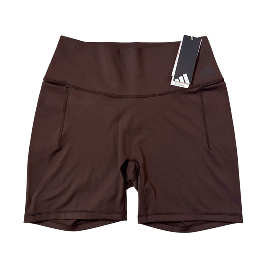 Front view of adidas women's brown 6-inch fitted shorts KB0462 with wide waistband and CLIMACOOL hangtag