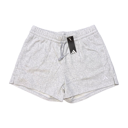 Light gray heather Adidas athletic shorts with a white drawstring and a black hangtag, shown flat on a white background.