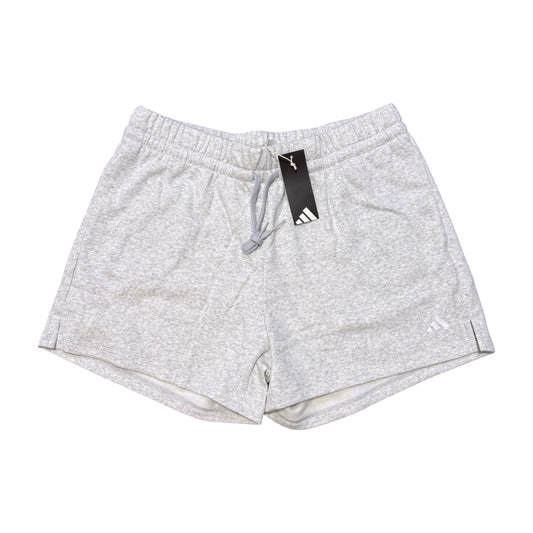 Light gray heather Adidas athletic shorts with a white drawstring and a black hangtag, shown flat on a white background.