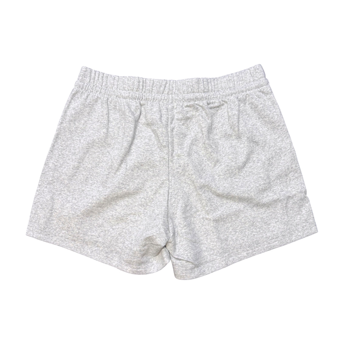 Light heather gray drawstring shorts with an elastic waistband, laid flat on a white background.
