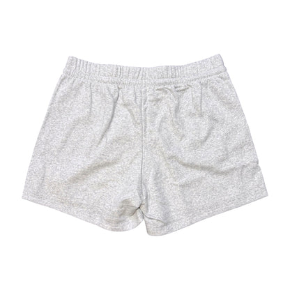 Light heather gray drawstring shorts with an elastic waistband, laid flat on a white background.