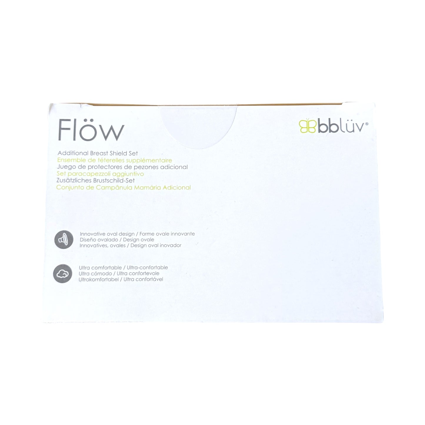 The product packaging for the bblüv Flow Additional Breast Shield Set, featuring a white box with black and green text on a clean white background.