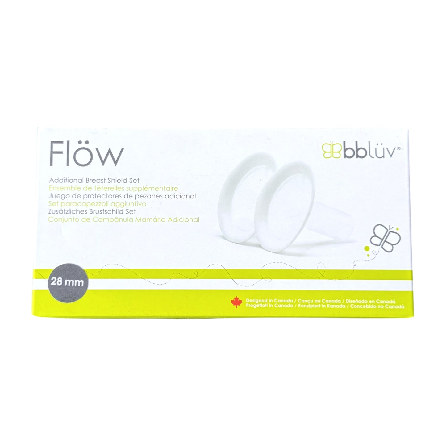 Box of bbluv Flow Additional Breast Shield Set, 28 mm, featuring white packaging with a bright yellow-green band and an illustration of two white shields.