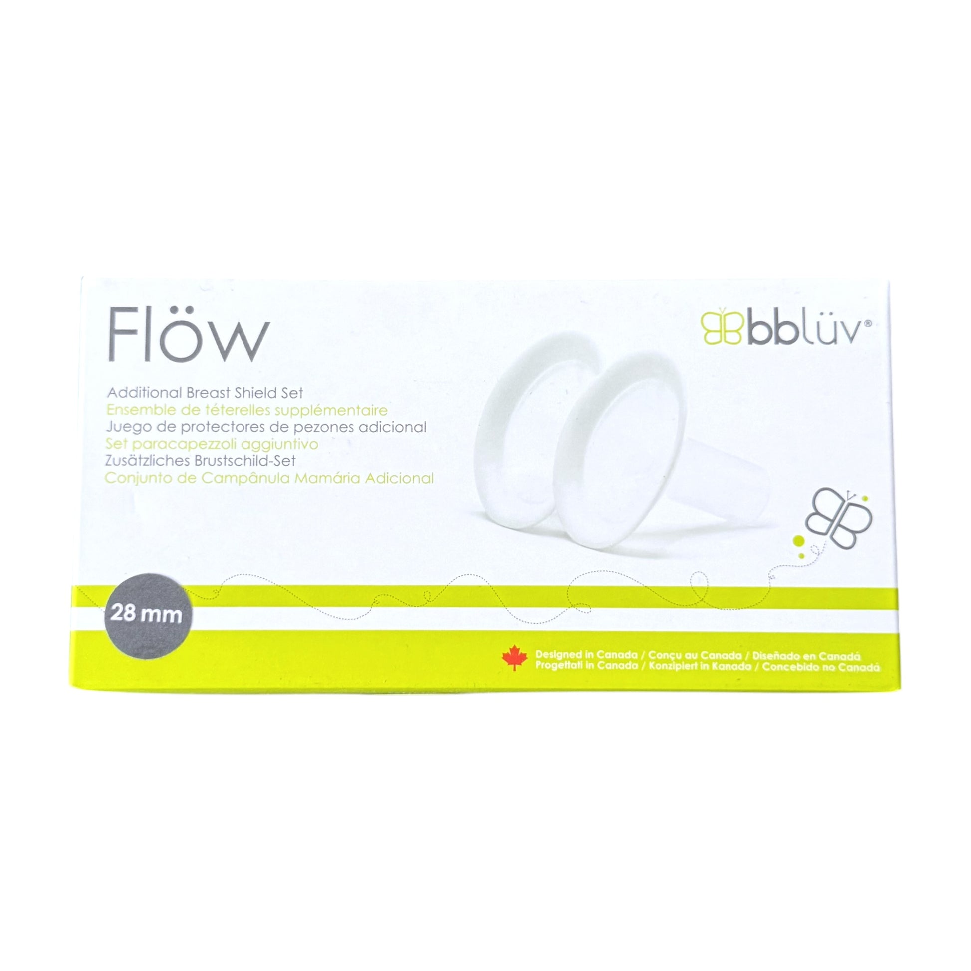 Box of bbluv Flow Additional Breast Shield Set, 28 mm, featuring white packaging with a bright yellow-green band and an illustration of two white shields.