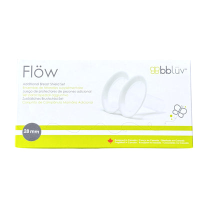 Box of bbluv Flow Additional Breast Shield Set, 28 mm, featuring white packaging with a bright yellow-green band and an illustration of two white shields.