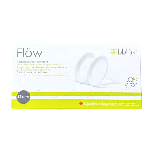 Box of bbluv Flow Additional Breast Shield Set, 28 mm, featuring white packaging with a bright yellow-green band and an illustration of two white shields.