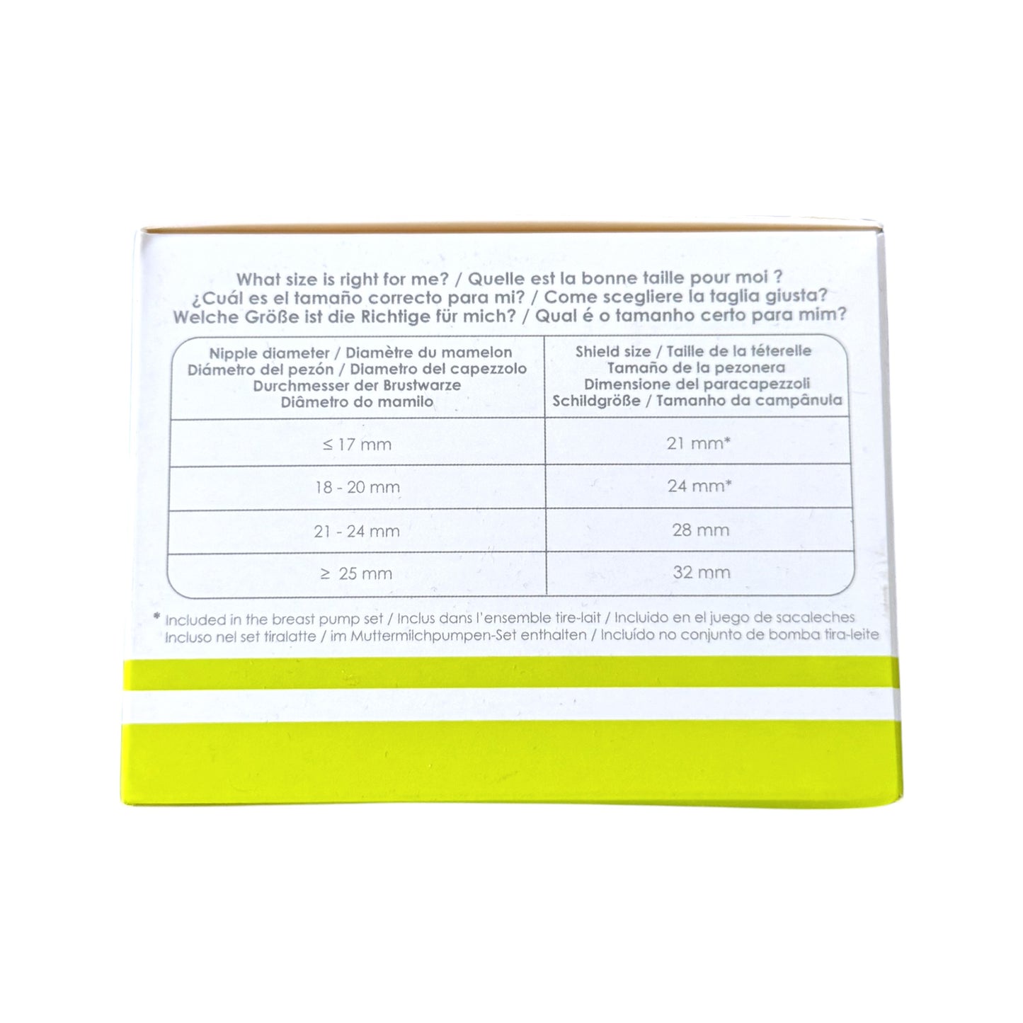 The back of a breast shield packaging box, showing a size guide table in English, Spanish, and German with a bright yellow-green band at the bottom, photographed on a white background.