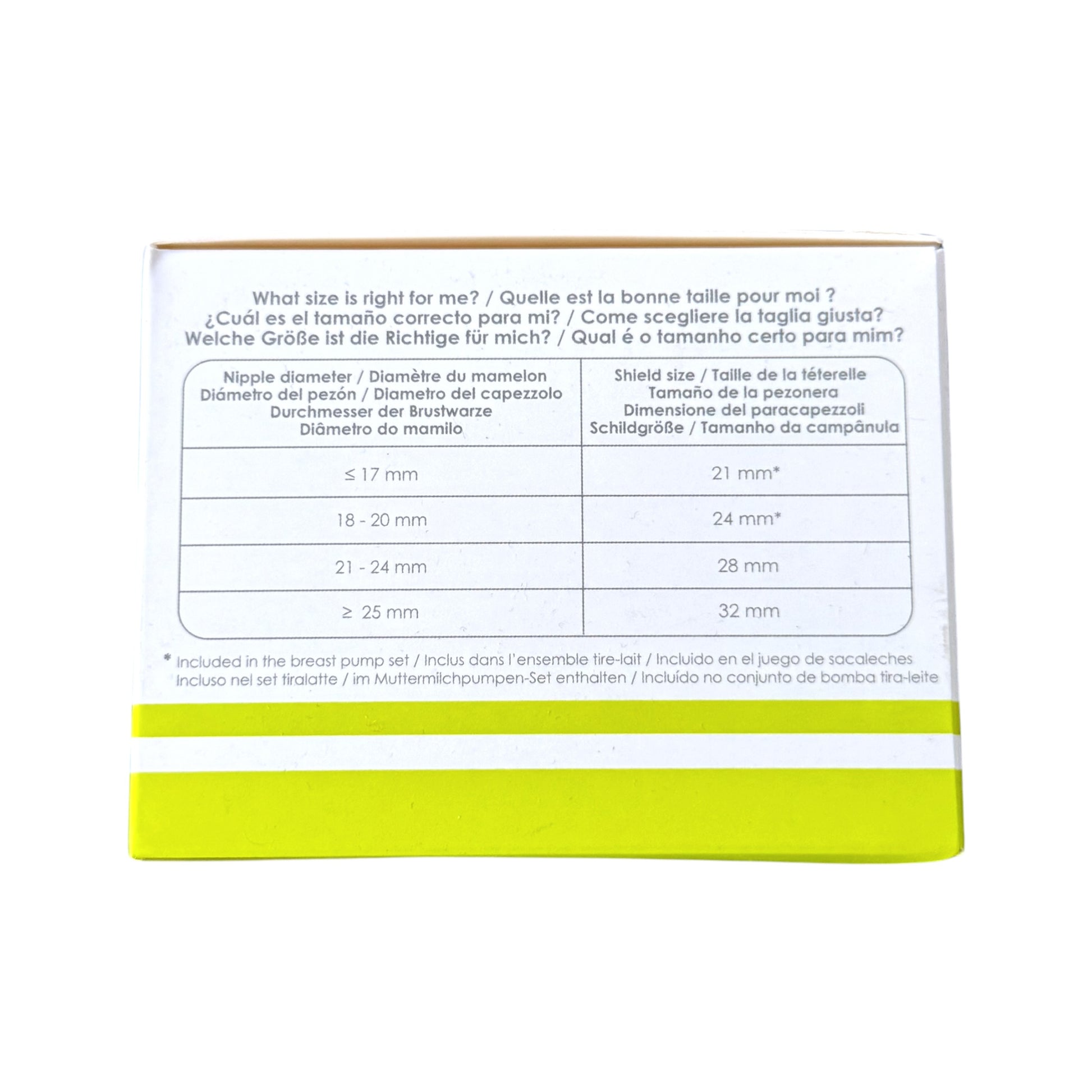 The back of a breast shield packaging box, showing a size guide table in English, Spanish, and German with a bright yellow-green band at the bottom, photographed on a white background.