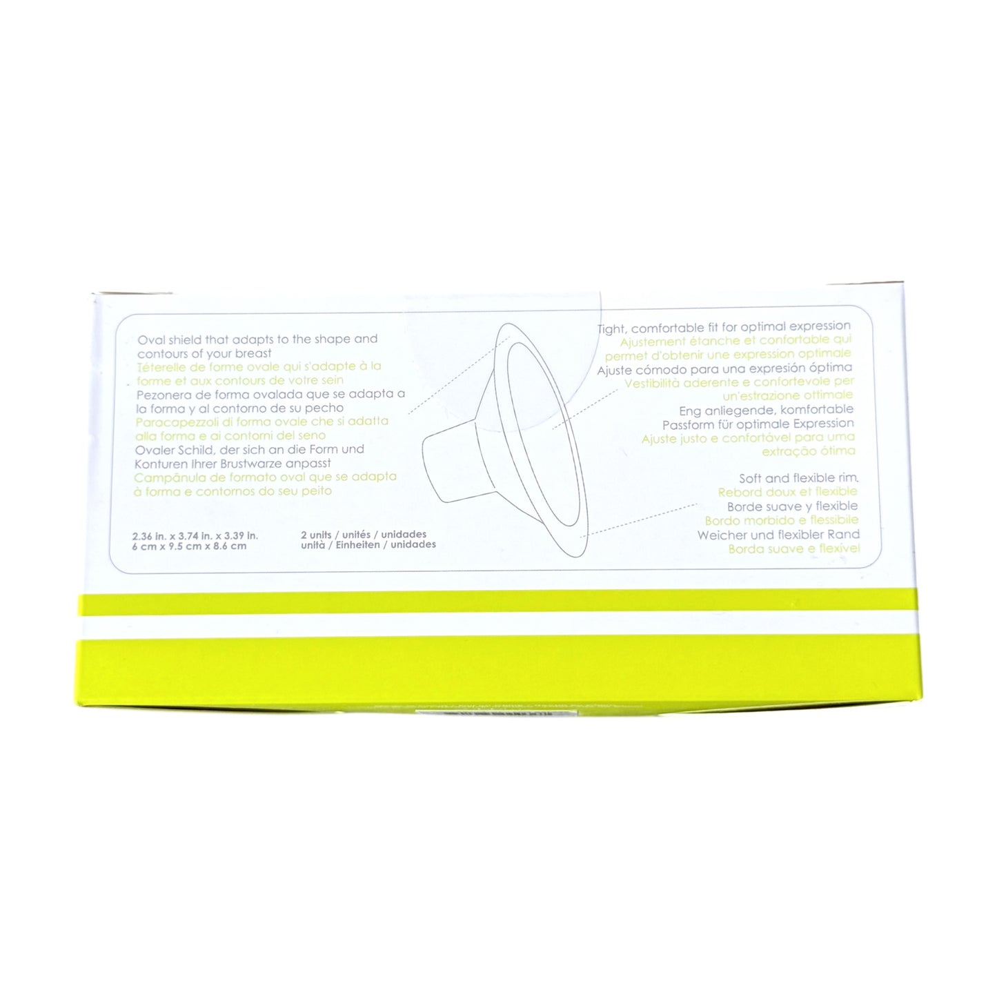 The back of a white and neon yellow packaging box for a paid of breast shields, featuring product specifications and diagrams in Spanish and English.