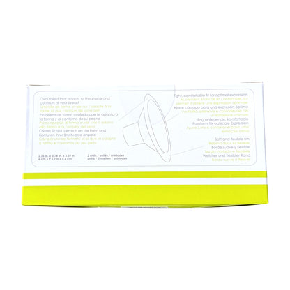 The back of a white and neon yellow packaging box for a paid of breast shields, featuring product specifications and diagrams in Spanish and English.