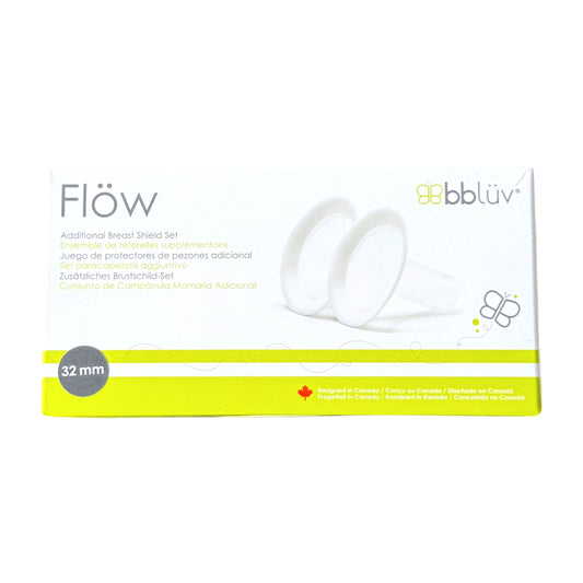 Box of bblüv Flow Additional Breast Shield Set, 32 mm, containing two silicone breast shields, shown on a white background.