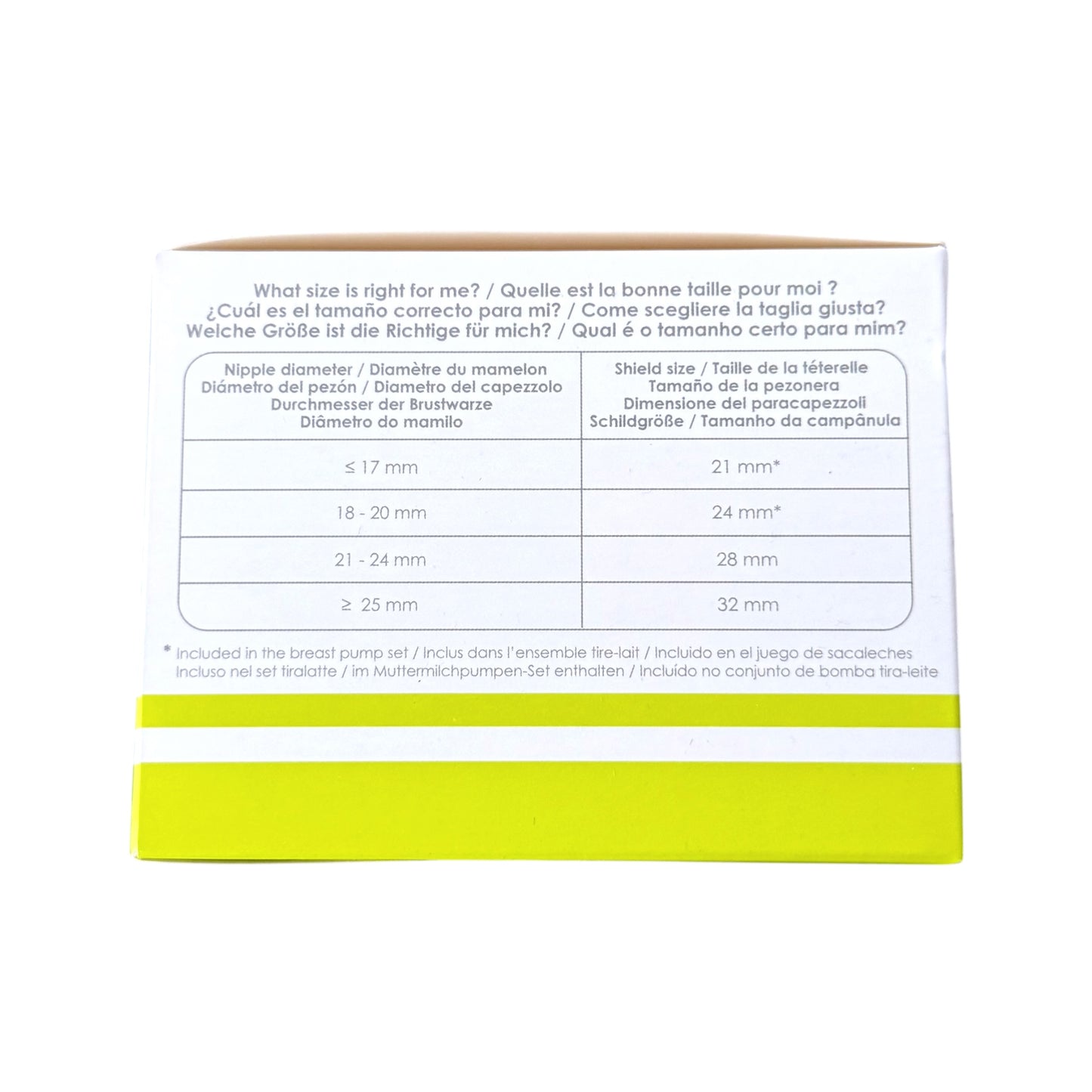 The back of a white product box with printed size guidance in English, Spanish, and German, plus a bright yellow-green band along the bottom edge, photographed on a white background.