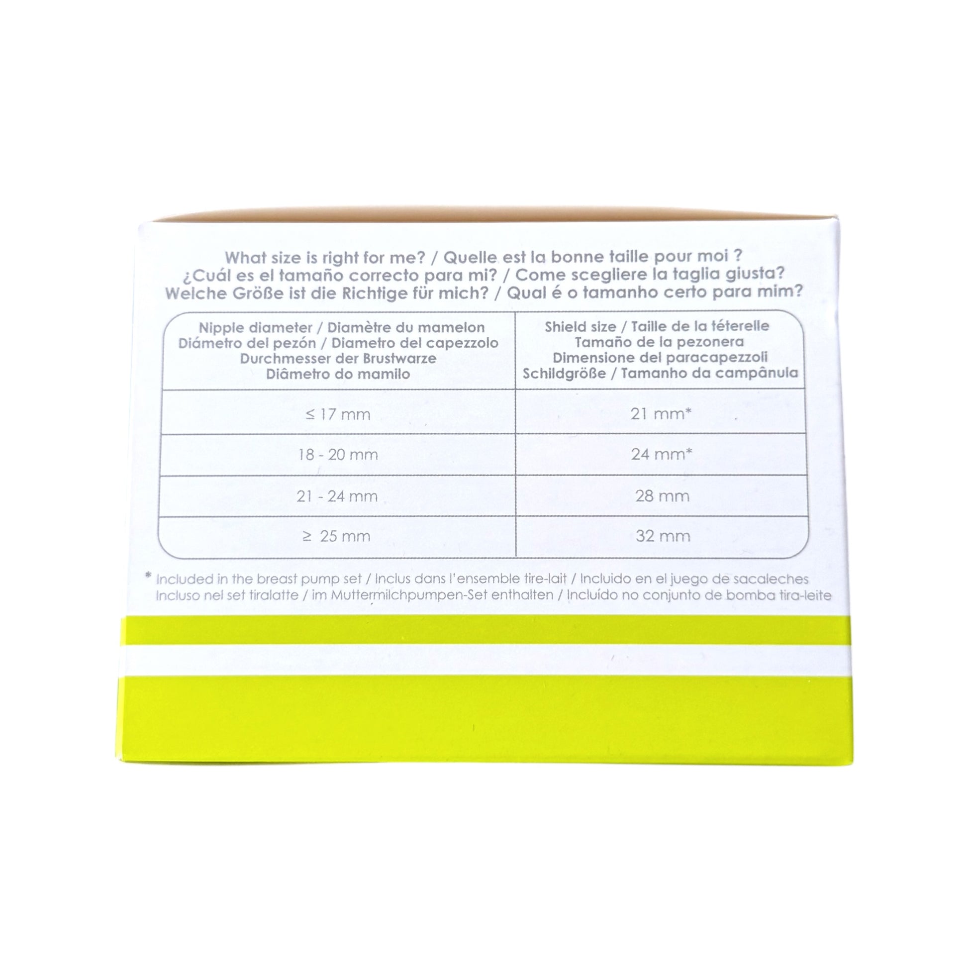 The back of a white product box with printed size guidance in English, Spanish, and German, plus a bright yellow-green band along the bottom edge, photographed on a white background.