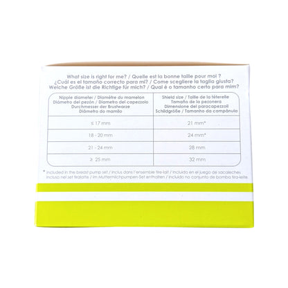 The back of a white product box with printed size guidance in English, Spanish, and German, plus a bright yellow-green band along the bottom edge, photographed on a white background.