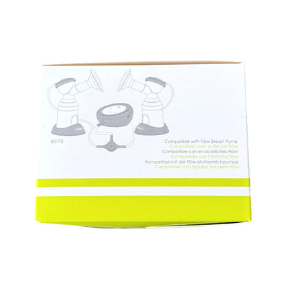 A white rectangular product box with gray line drawings of a breast pump and text indicating compatibility with a Flow Breast Pump, finished with a bright yellow-green band at the bottom.